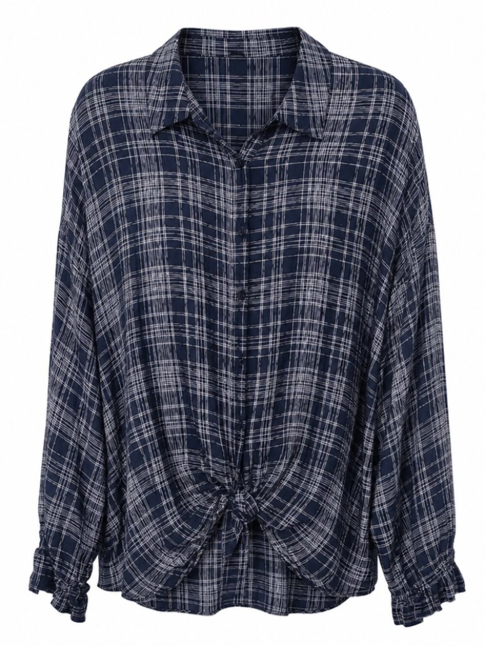 Perch Blu Pepper 3X Navy Plaid Long Sleeve Button Down Shirt with Knot